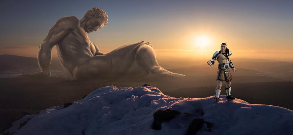 muscular warrior on a rock against the backdrop of a giant apollo in the sky