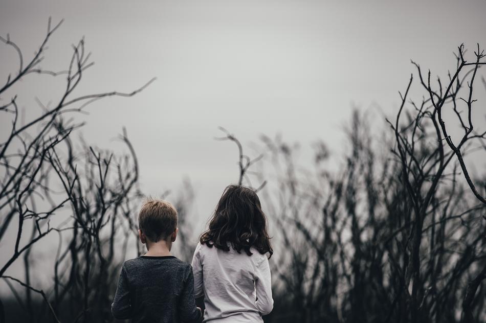 brother and sister walk among the bare bushes