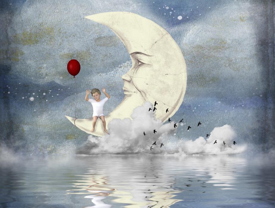 little boy on the moon with red balloon
