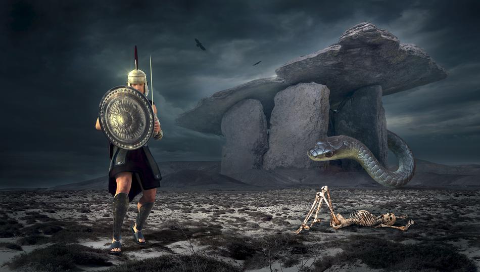 graphic warrior and large snake