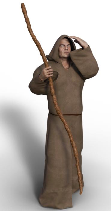 3d visualization of a monk with a staff