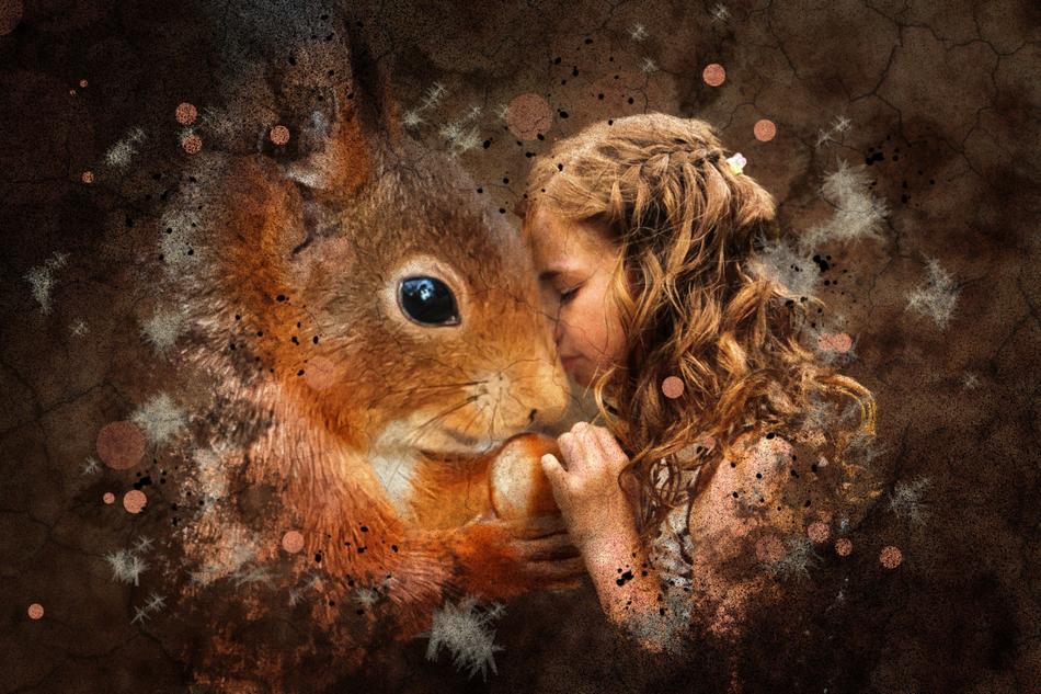 fantasy image of a girl with a squirrel