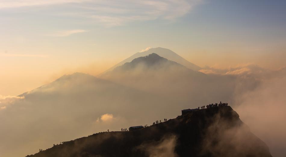 Beautiful foggy landscape with the volcano mount on Bali, Indonesia