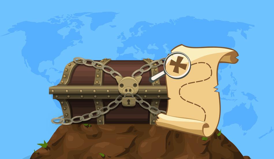 Image of the treasure chest with lock and treasure map at blue background with Earth map