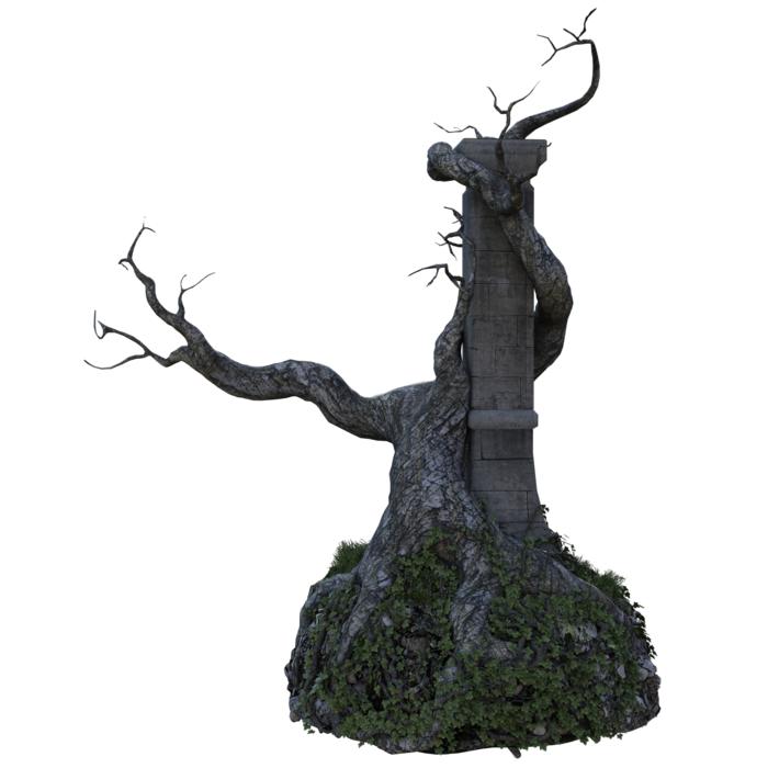 Tree with the pillar and green plants, at white background, clipart
