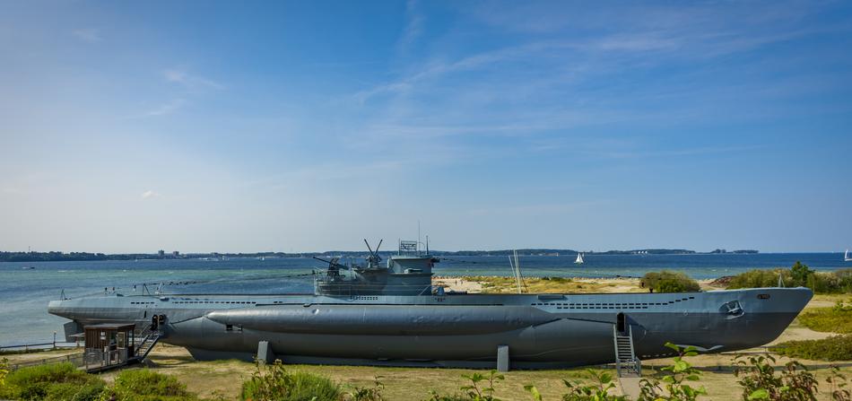 old time German submarine U-995 on coast at Baltic Sea, germany, Laboe
