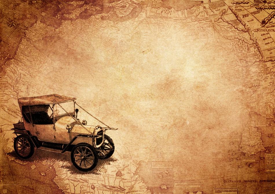 oldtimer car on map of the world, steampunk background