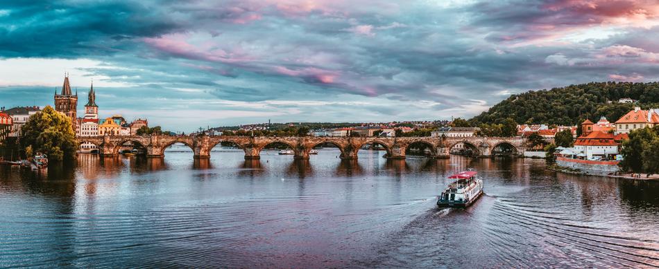 sunset over the bridge in prague