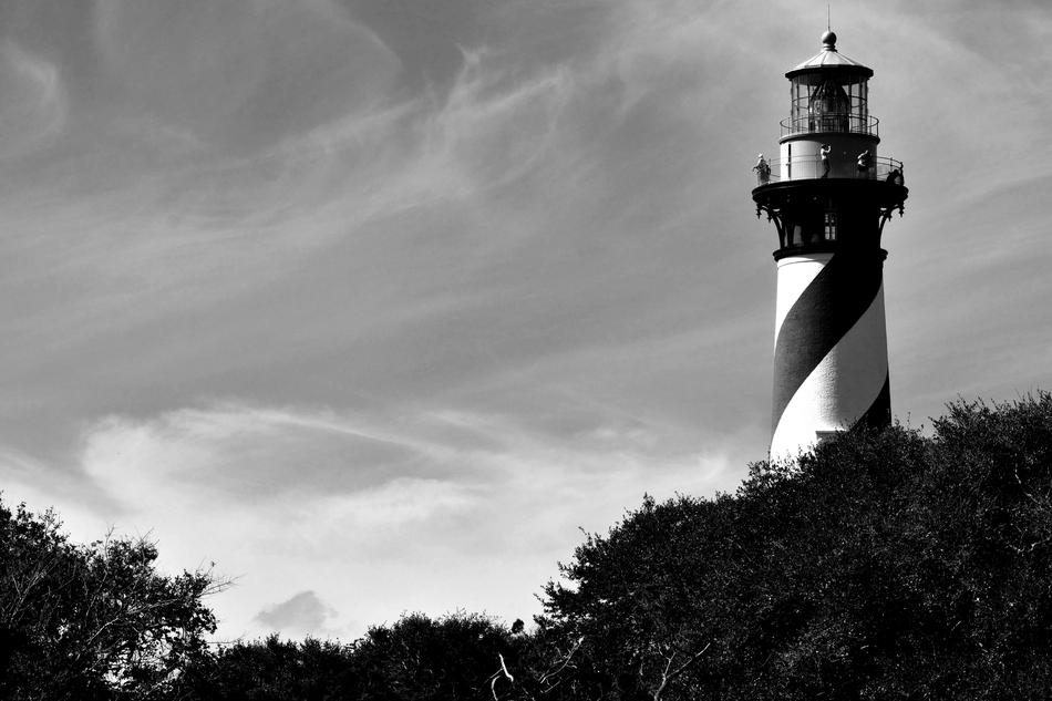 Black and white photo of the beautiful lighthouse, among the trees, under the cloudy sky