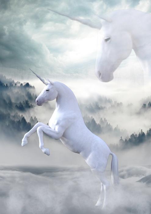 image of white unicorns against a cloudy sky