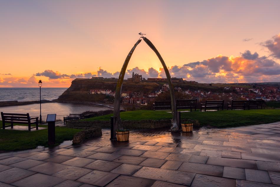 Whalebone Arch on coast at dusk, uk, england, Whitby