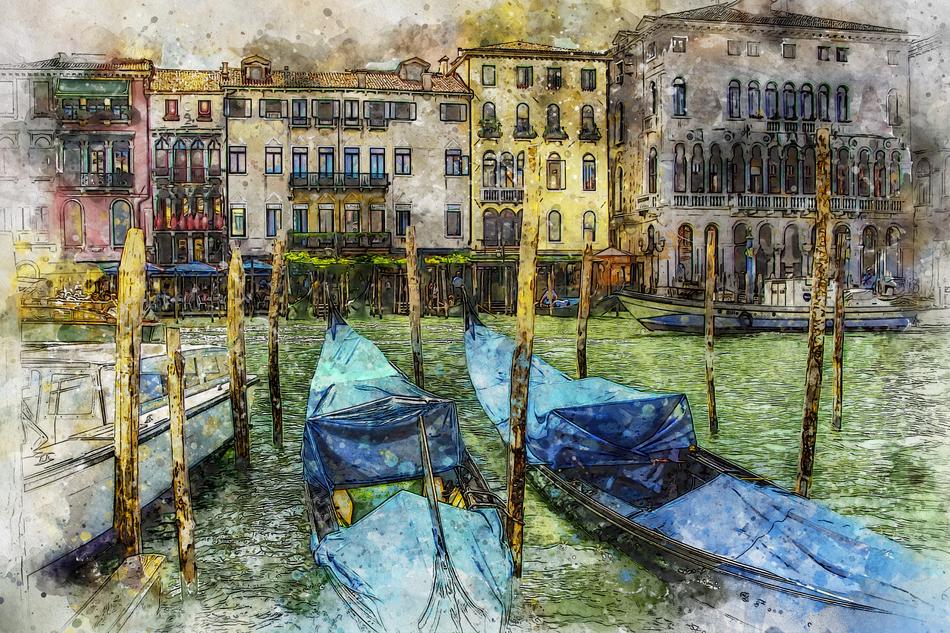 gondolas in venice as watercolor painting