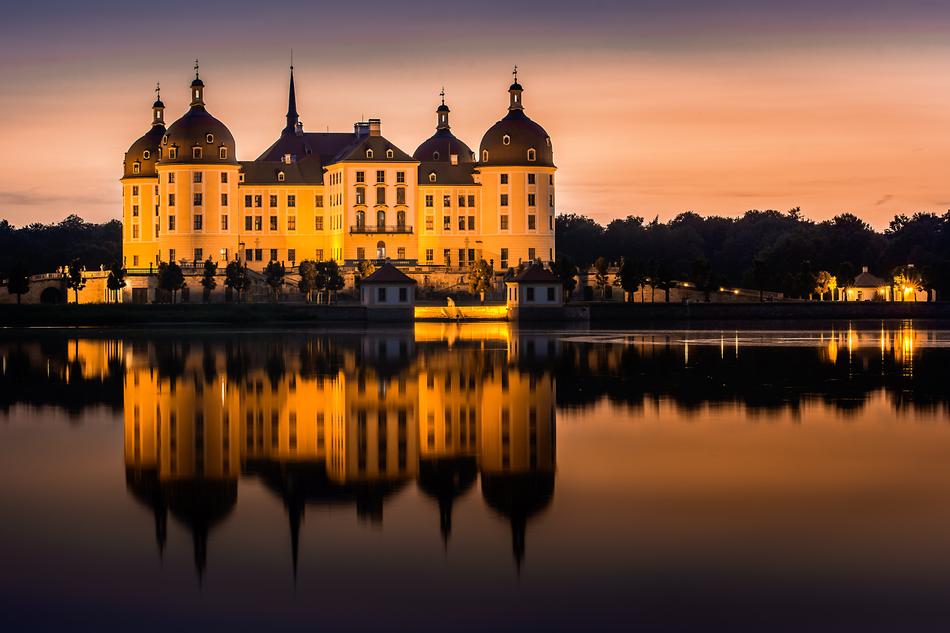 baroque palace mirroring on calm water at dusk, germany, Moritzburg
