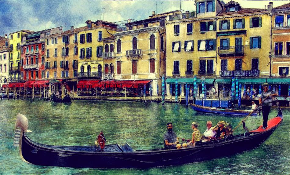 watercolor gondola with tourists on the venetian canal
