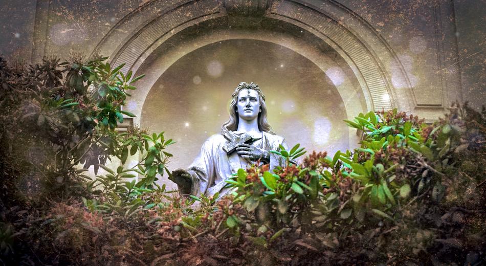 Beautiful statue of Jesus, among the colorful plants, near the arch, and bokeh lights, clipart