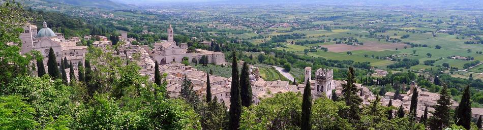 Beautiful landscape with Santa Chiara in Assisi, among the green fields and plants in Italy