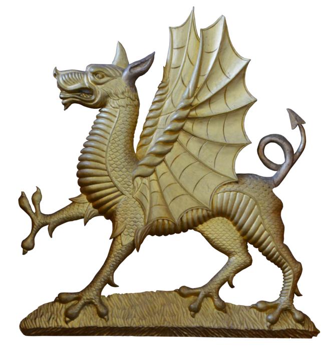 Beautiful, bronze figure of the dragon with wings, at white background