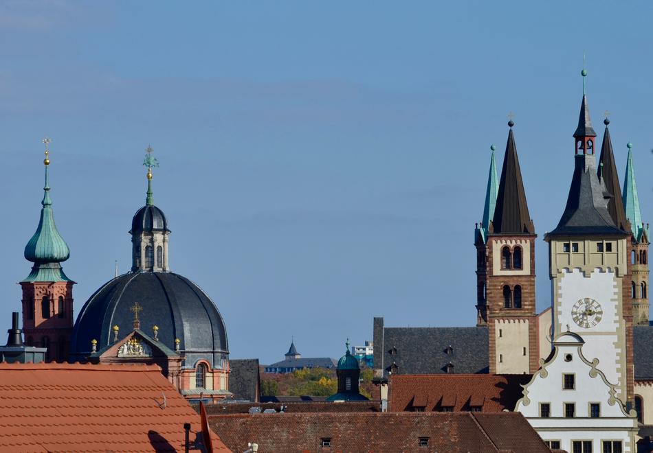 Beautiful and colorful church steeples in WÃ¼rzburg, Germany