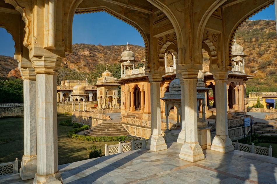 Beautiful Gaitore Ki Chatriyan temple among the green hills in Jaipur, India