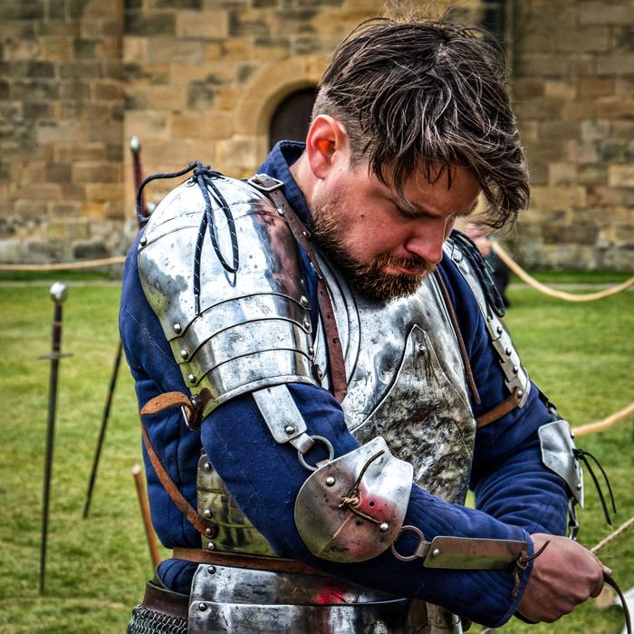 man in knightly armor close up