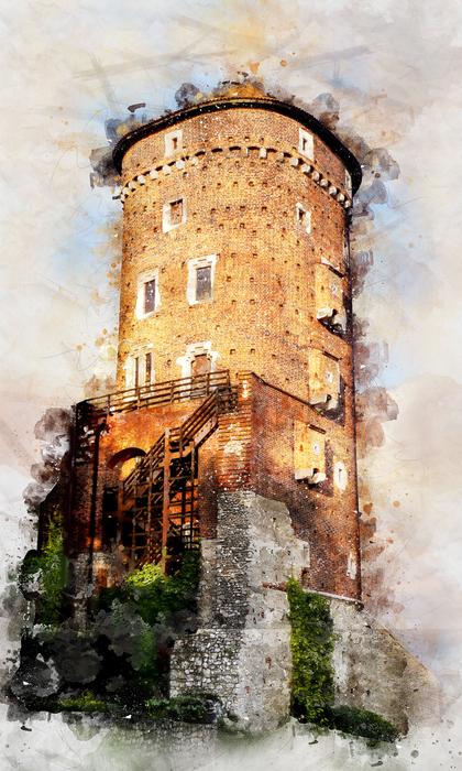 painted by watercolors The Wawel Castle in Krakow
