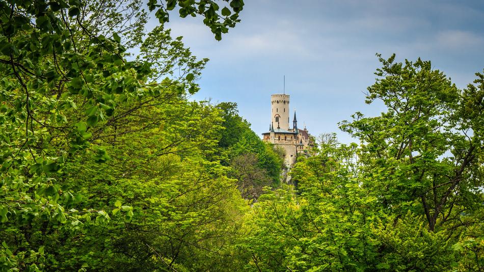 Beautiful landscape of the castle, among the green trees in Lichtenstein