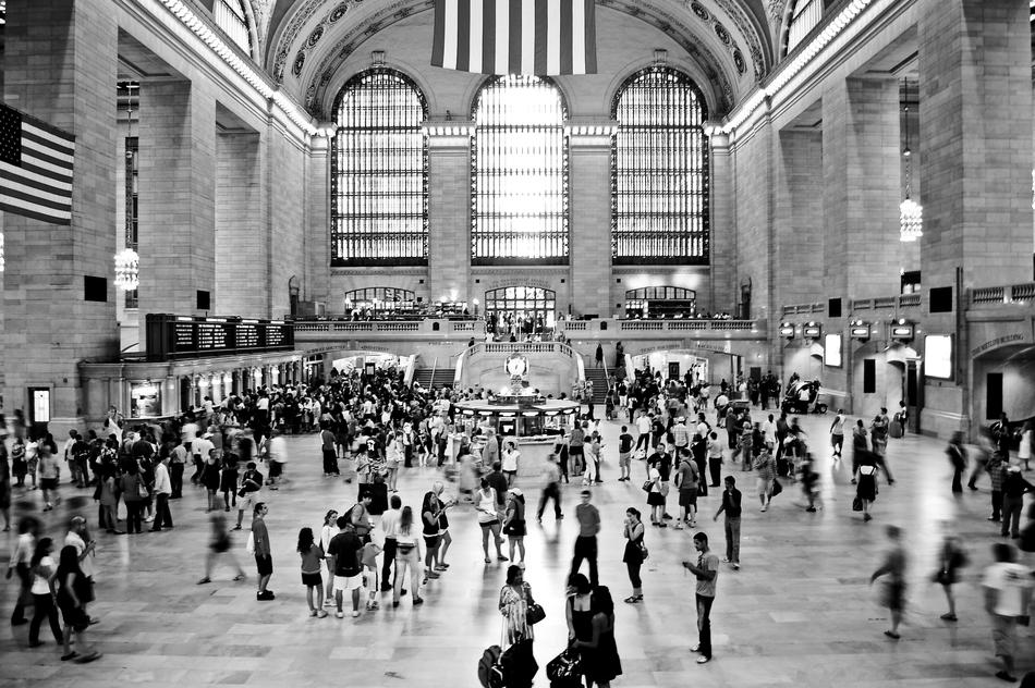 black and white photo of people at New York Central Station