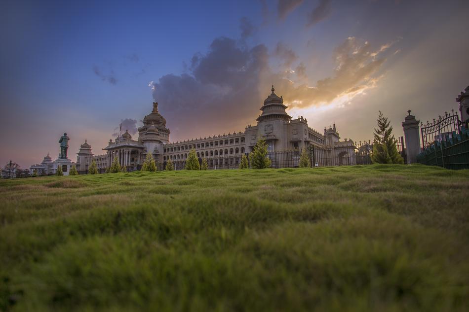 ancient palace in Bangalore, India on the landscape with the grass