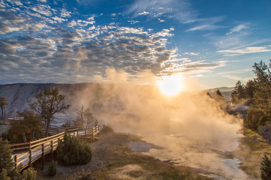amazing morning on the beautiful landscape with the steam