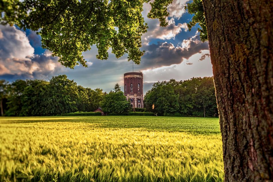 brick water tower in sunny evening