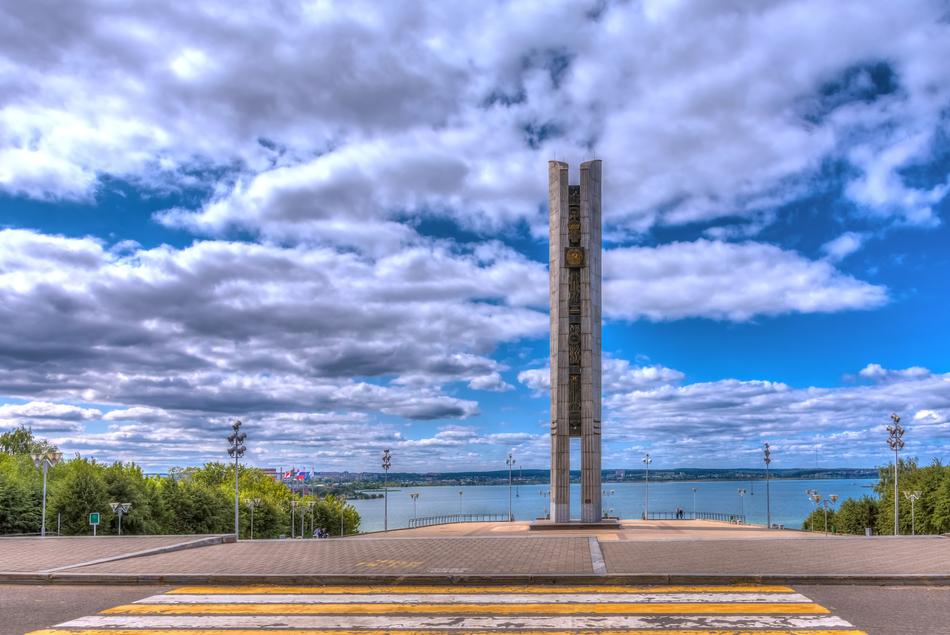 Beautiful urban landscape with the monument in Izhevsk, Udmurtia, Russia