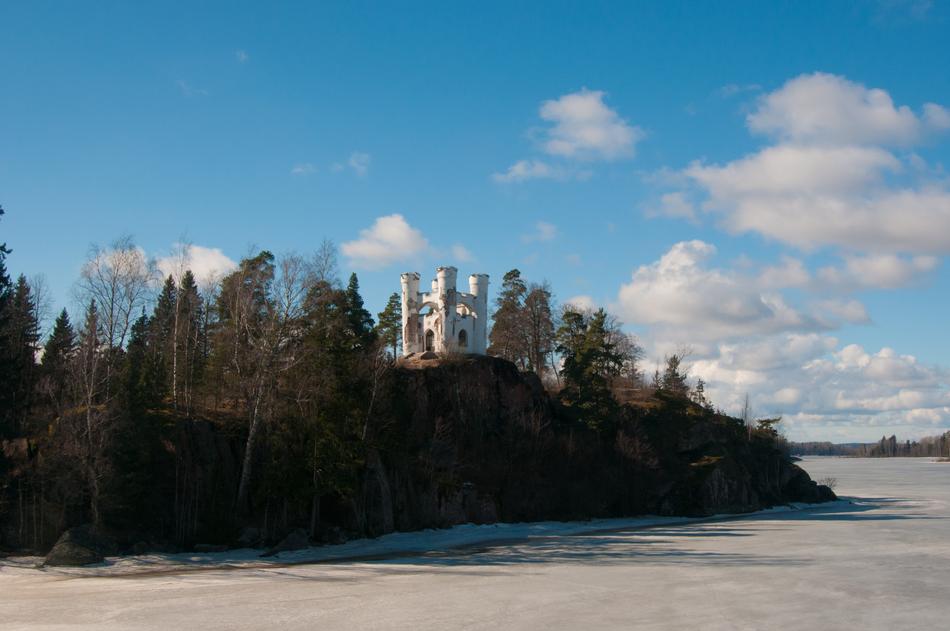 mausoleum on rocky coast at winter, russia, vyborg, mon repos park