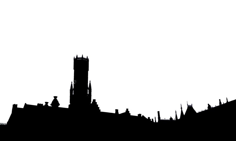Black silhouettes of the beautiful buildings in Bruge, Belgium at white background
