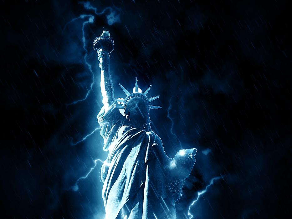 statue of liberty and lightning on stormy sky