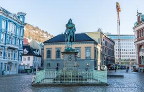 Bergen Norway Statue blue street