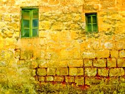 design of yellow Old Wall and green Windows