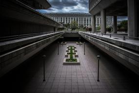 courtyard in the city center at dusk