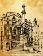 Beautiful, black and white drawing of the architecture with lions, on the vintage paper
