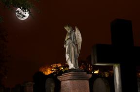 sculpture of an angel in the cemetery at night