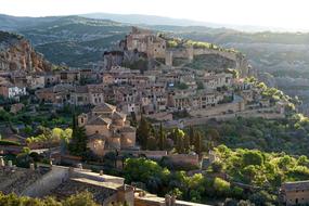 Beautiful landscape of Alquezar on the mountains, with the colorful plants, in Spain, in sunlight