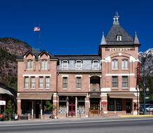 Colorful Beaumont Hotel on the street of Ouray, Colorado, USA