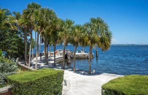 Beautiful shore of the Vizcaya, with colorful plants, in Miami, Florida, USA
