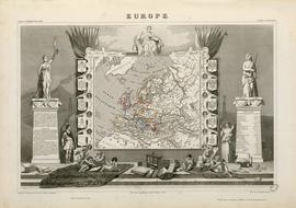 Old, vintage drawing of the map of Europe, among the statues, clipart