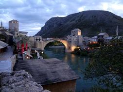 Beautiful bridge with the colorful lights in Mostar, Bosnia-Herzegovina