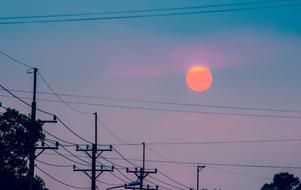 electrical wires against the background of pink sun and purple evening sky