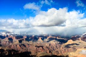 Beautiful landscape with the colorful Grand Canyon, at blue sky with white clouds on background, in Arizona, USA