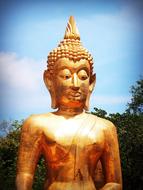 Beautiful, shiny, gold Buddha statue, near the green trees in Amnat Charoen, Thailand