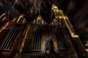 statue on the background of the gothic cathedral at night