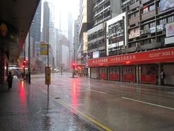 Beautiful, empty street of Hongkong in rain