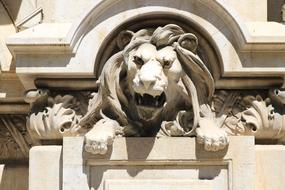 Beautiful Statue of Lion, on the building, in sunlight, in Lisbon, Portugal